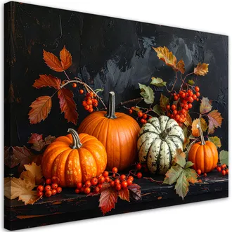 Feeby Cuadro En Lienzo, Calabazas Naturaleza Muerta Sobre Fondo Pintado De Negro, 120x80
