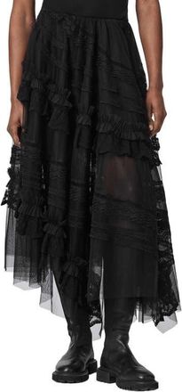 AllSaints Jen Ruffle Lace Midi Skirt in Black at Nordstrom, Size 10