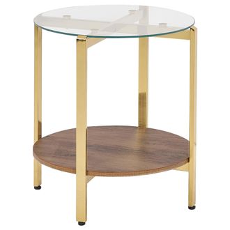 Beliani Beliani - Mesa Auxiliar Moderna Tablero De Vidrio Templado Estructura De Metal 1 Estante Madera Oscura Dorado Lovell