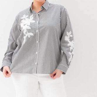 Karen Kane Long Sleeve Stripe Embroidered Shirt - Plus Size In Black With Off White