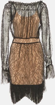 Roberto Cavalli Black/beige Sheer Lace Off Shoulder Dress