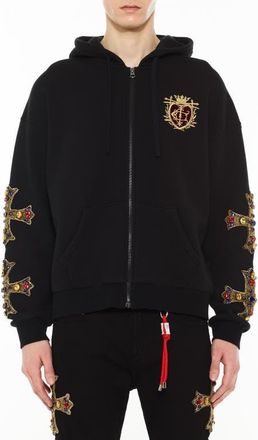 Cult of Individuality Family Crest Zip-Front Cotton Hoodie in Black at Nordstrom, Size Xx-Large