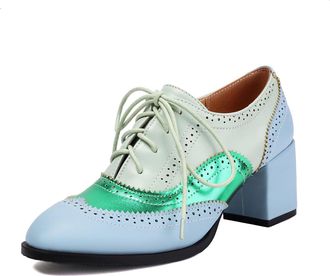 Generic Womens Patent Leather Vintage Brogues Mid Block Heel Oxfords Dress Shoes Lace-Up Casual Shoes,Blue,6.5 UK