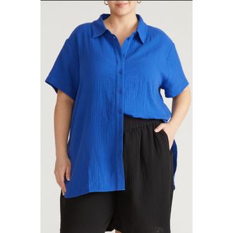 Universal Standard Toni High Low Button Down Cotton Gauze Top in Ultramarine Blue at Nordstrom, Size X-Small