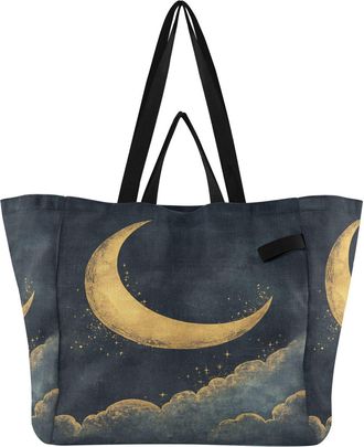 Generic Yellow Moon Stars print Reusable Canvas Tote Bag, Heavy Duty Grocery Shopping Bag with Double Handles Large Capacity Hard Bottom Work Groceries Travel