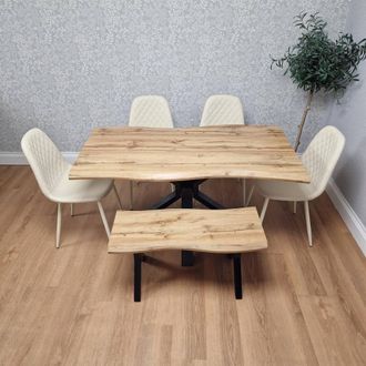 Kosy Koala Modern Dining Table Set with 4 Cream Chairs & 1 Bench for Kitchen in Brown