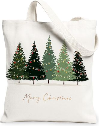 Generic Christmas Trees Canvas Tote Bags, Nature Pattern Reusable Grocery Bags, Winter Vintage Lightweight Washable Canvas for Outdoor Travel 13x15 Inch