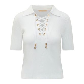 Michael Kors Polo Shirts, female, White, Size: L Ribbed Lace-Up Polo