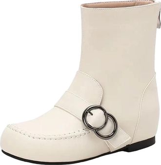 Generic Womens Vintage Style Mid Calf Boots Round Toe Hidden Wedge Heel With Side Zipper And A Decorative Buckle