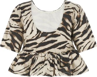 Ganni Zebra-Print Denim Blouse - Cream