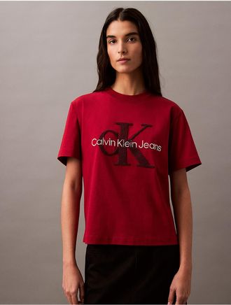 Calvin Klein Jeans Calvin Klein Womens Chenille Monogram Logo Graphic Classic T-Shirt - Red - XS