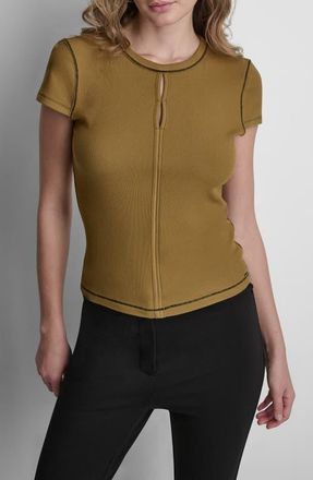 DKNY Contrast Stitch Cutout Detail Rib Top in Dune at Nordstrom, Size X-Small