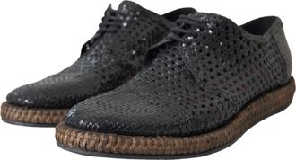 Dolce & Gabbana Mens Black Woven Goat Leather Lace Up Derby Shoes And Brown