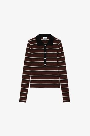 Ganni Mixed Polo Shirt in Striped Merino - Size XXS Wool