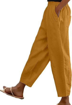Generic Cotton Linen Trouser Women UK Solid Color Elasticated Waist Trouser Ladies Summer Lounge Pants Loose Fit Full Length Pant Casual Straight Leg Bottoms 