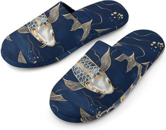 Generic Japanese Fish Gold Navy Blue Warm Mens Slippers Slip On Soft Fleece House Shoes Winter Indoor Outdoor