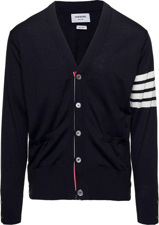 Thom Browne Mens Cardigan Classic V-Neck Blue Virgin Wool Tops Top