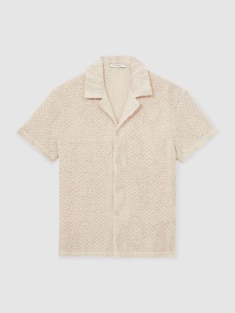 Reiss Oatmeal Cotton-blend Embroidered Crochet Shirt, XS