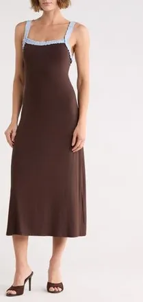 West K Ruffle Trim Midi Dress in Brown/Blue at Nordstrom Rack, Size X-Large