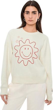 Barefoot Dreams CozyChic Ultra Lite(r) Cotton Smiley Sun Stars Pullover Womens Sweater Cream/Light Poppy Red : 2XS (US 00-0)