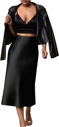 Generic 2025 Womens Satin Slim Skirt Solid Color Mid Length Hip Fishtail Skirt (Black, S)
