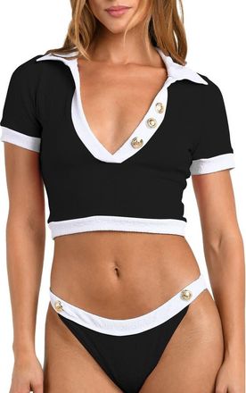 L'agence Anastasia Colorblock Short Sleeve Crop Rashguard in Black at Nordstrom, Size X-Small