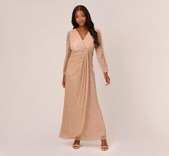 Adrianna Papell Metallic Crinkled Mesh Draped Long Gown In Light Gold