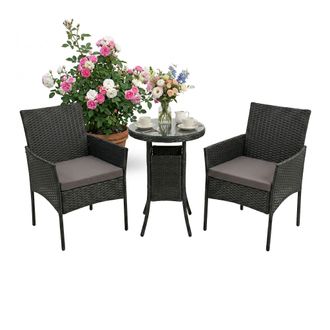 Relaxdays Set De Jard&iacute;n Relaxdays, 3 Piezas De Rat&aacute;n, 2 Personas, 2 Sillones Y Mesa De Cristal, Muebles Lounge Exterior, Negro