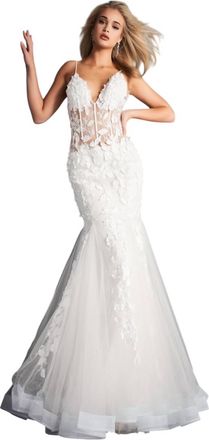 Jovani Floral Appliques Corset Bodice Tulle Trumpet Gown In Ivory