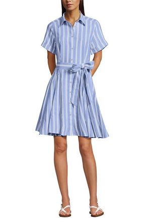 Lands End Linen Blend Button Front Dress with Godets in Clear Blue Sky Double Stripe at Nordstrom, Size Medium P