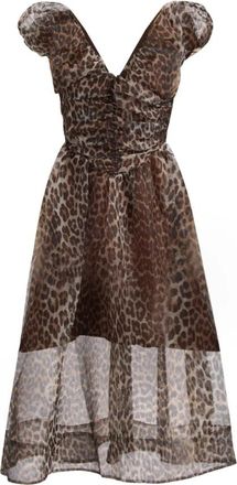 Ganni Printed Textured Organza Long - Dames - Casual kleedjes - Bruin - S - Organza - Kleedjes