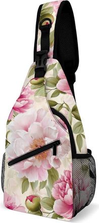 Generic Peony Flowers Blossoming Unisex Shoulder Bags Casual Crossbody Chest Bag Sling Backpack for Hiking Cycling Travel