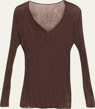 Issey Miyake Long-Sleeve Sheer Pleated V-Neck Shirt