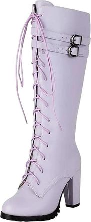 Generic Ladies Designer Knee High Boots Round Toe Super High Block Heel Platform With Zipper Lace-Up And Belt Details
