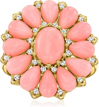 Ross-Simons Pink Coral and White Zircon Floral Ring in 18kt Gold Over Sterling