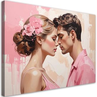 Feeby Cuadro Sobre Lienzo Pareja Enamorada Estilo Boho En Tonos Rosas 100x70