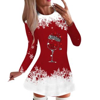 Generic Christmas Dress Womens Long Sleeve Dress Christmas Women Round Neck Mini Dress Red Wine Glass Jumper Dress Funny Tunic Dress Large Sizes Christmas Jum