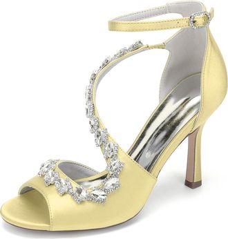 Generic Womens High Heels Satin Bridal Shoes Stiletto Sandals Dress Wedding Heel Formal Evening Shoes Rhinestone 9.5Cm,Yellow,10 UK