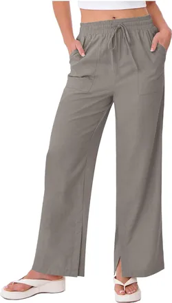 Generic Womens Linen Trousers Linen Trousers Womens Wide Leg Cotton Spring Summer Trouser with Pockets Casual Elasticated Waist Palazzo Pants Fashion Loose St