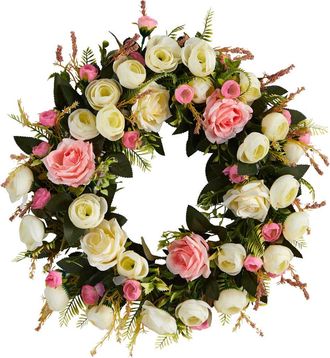 Nearly Natural 20-in White & Pink Rose Artificial Wreath at Nordstrom