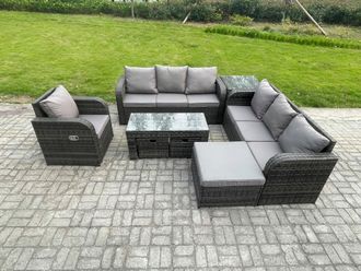 Fimous 10 Seater Outdoor Lounge Sofa Set Rattan Garden Furniture Set with Rectangular Coffee Table 3 Footstools 3 Seater Sofa Side Table in Dark Grey