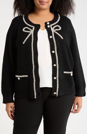Adrianna Papell Faux Pearl Bow Cardigan in Black at Nordstrom Rack, Size 1X