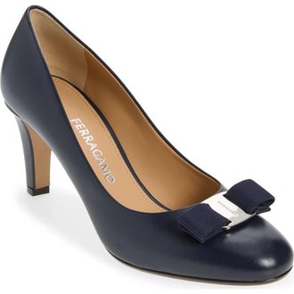 Ferragamo Carla Bow Pump in Navy Biscotto at Nordstrom, Size 8.5