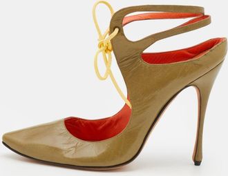 Manolo Blahnik Olive Green Leather Cut Out Lace Up Pumps