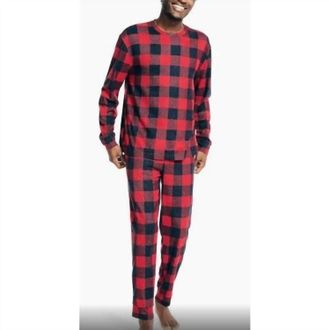 Nautica Mens Long Sleeve Crew Neck Jogger Pajama Set In Red Plaid