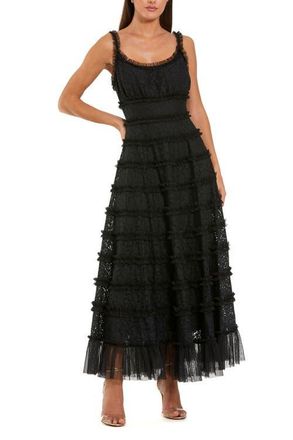 Mac Duggal Sleeveless Lace A-Line Midi Dress With Ruffles in Black at Nordstrom, Size 14