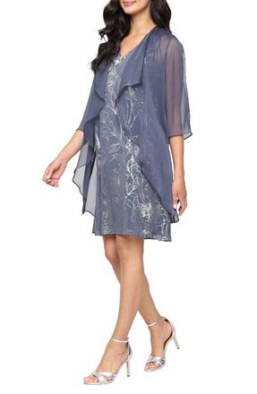 S.L. Fashions Metalllic Floral Cocktail Shift Dress with Cascade Jacket in Steel at Nordstrom, Size 8