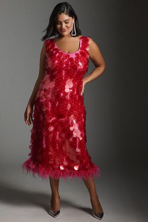 Hutch Sleeveless Scoop-Neck Sequin Feather-Trim Midi Dress