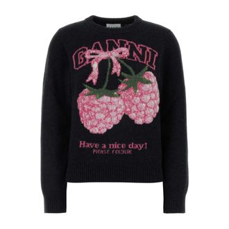 Ganni Round-neck Knitwear, female, Black, Size: XS Graphic Sweater