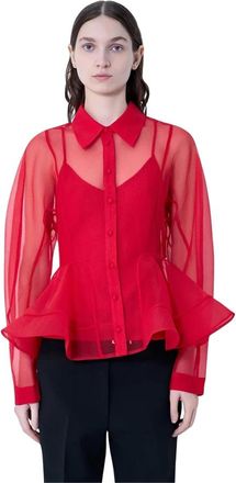Ganni Textured Organza Peplum Shirt - Dames - Overhemden - Rood - M - Organza - Overhemden